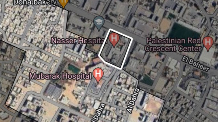 אזור הלחימה סביב בית החולים נאצר בחאן יונס (צילום: Gaza war unit tracking)