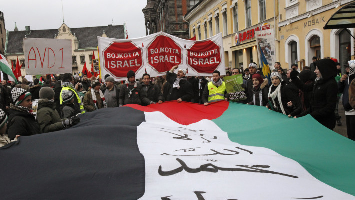 מפגינים מחזיקים בדגל פלסטין במהלך הפגנה נגד ישראל במאלמו ב-2009 (צילום: REUTERS/Bob Strong )