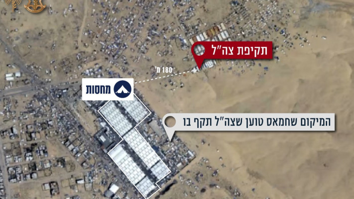 מצורף תצלום אווירי של מיקום תקיפת צה״ל לעומת המיקום שחמאס טען שנתקף (צילום: דובר צהל)