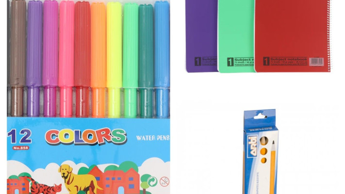 מארז מחברות 9.90 שקלים. עפרונות 70 אגורות. טושים 3.30 שקלים.