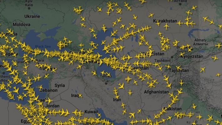 תנועת מטוסים דלילה מעל שמי איראן (צילום: flightradar24)