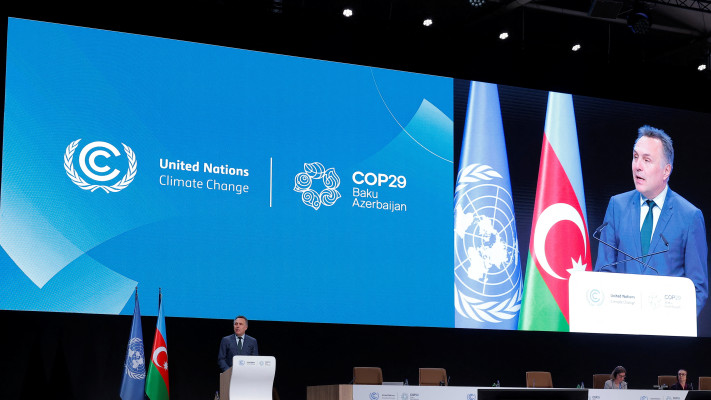 ועידת האקלים COP29 בבאקו. על רקע התמונה, שר הסביבה והאקלים הנוורוגי  (צילום: רויטרס)