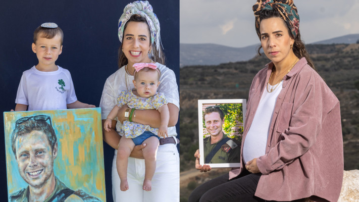 מימין: רויטל שמיר בדצמבר 2023, משמאל: רויטל שמיר ומשפחתה השבוע