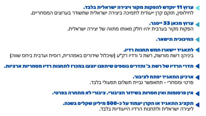 עקרונות המסמך שחילק שלמה קרעי בדיון על הפרטת התאגיד (צילום: לשכת השר)