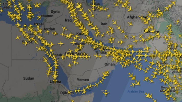 מסדרון אווירי נרחב מעל תימן (צילום: flightradar24)