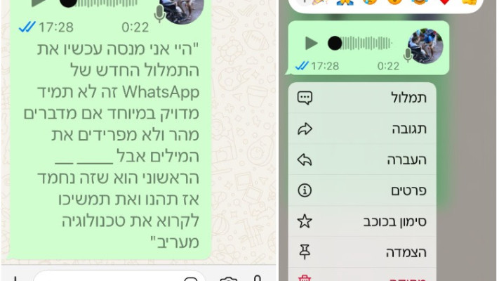התמלול הקולי. לחיצה על קובץ הקול פותח חלונית אפשרויות