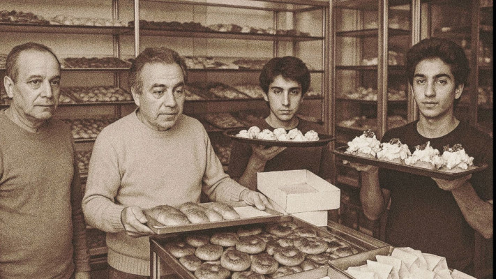 רשת מאפה נאמן, סניף רמת אשכול, 1964. משמאל יהודה וקובי נאמן, בניו של המייסד (צילום: אלבום פרטי)