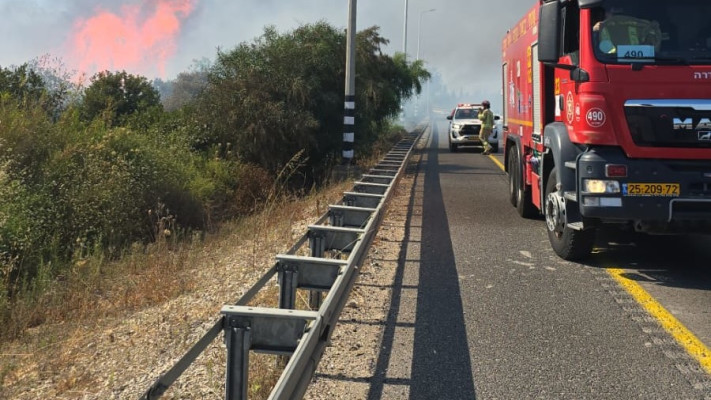 שריפה סמוך לכביש 4 (צילום: דוברות כבאות והצלה לישראל מחוז מרכז)
