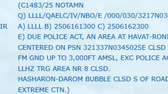 הודעת Notam (מבזק מבצעי טיס) על סגירת המרחב האווירי בחוות רונית (צילום: צילום מסך רשתות חברתיות)