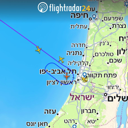 מטוסים חגים מעל הים התיכון בעקבות ירי מתימן (צילום: flightradar24)