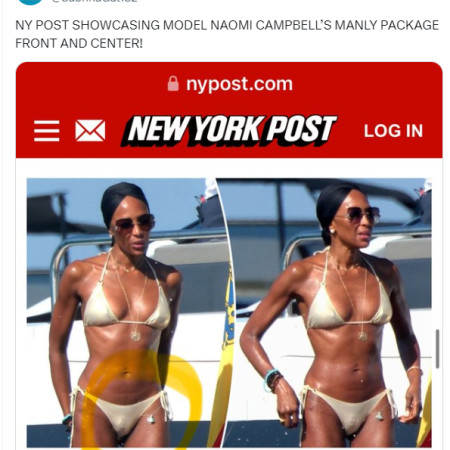 מגיב שטוען כי נעמי קמפבל היא גבר (צילום: צילום מסך מתוך טוויטר)