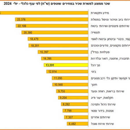 שכר ממוצע למשרת שכיר לפי ענף כלכלי, יולי 2024 (צילום: דוברות הלמ''ס)