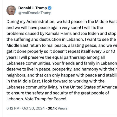 הציוץ של טראמפ על שלום בלבנון (צילום: צילום מסך רשת X)