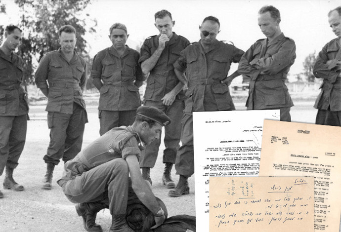 62 שנה ל'עסק הביש', קצינים בכירים בקורס צניחה: אלי זעירא, יצחק רבין, יצחק פונדק, בנימין ג'יבלי, משה דיין וצבי זמיר (צילום:  ארכיון צה"ל במשרד הביטחון)