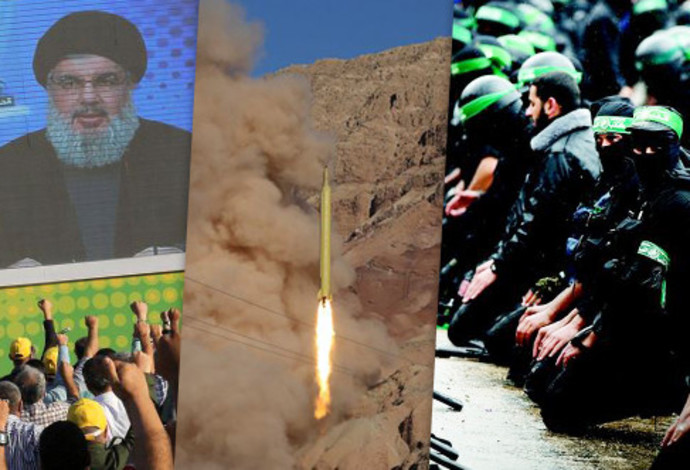 מנהיג חיזבאללה חסן נסראללה, טיל בליסטי ששיגרה איראן, לוחמי חמאס (צילום:  רויטרס)
