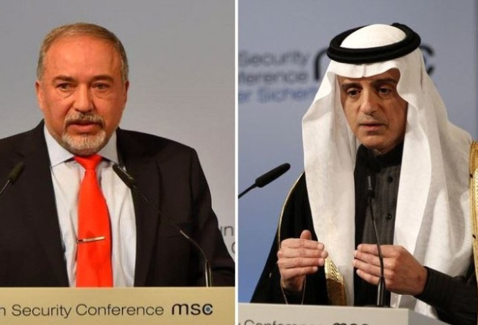 אביגדור ליברמן ושר החוץ הסעודי עאדל אל-ג'ובייר (צילום:  אריאל חרמוני, משרד הביטחון,רויטרס)