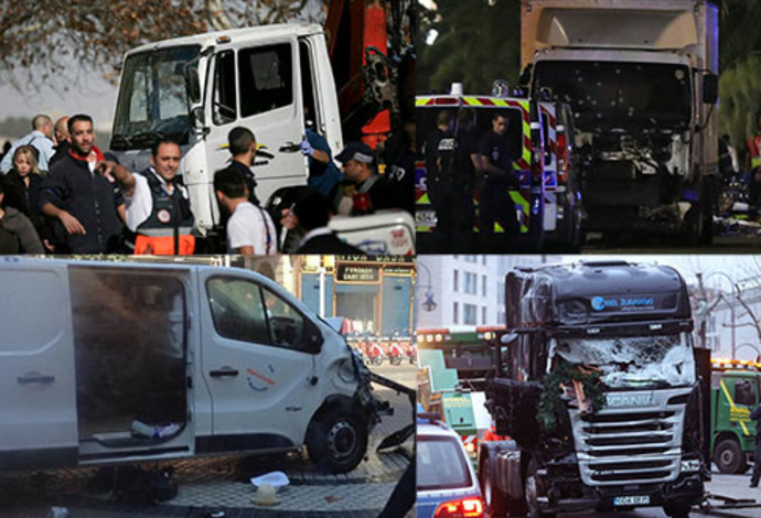 פיגועי הדריסה בירושלים, ברלין, ניס וברצלונה (צילום:  Getty images,AFP,פלאש 90)