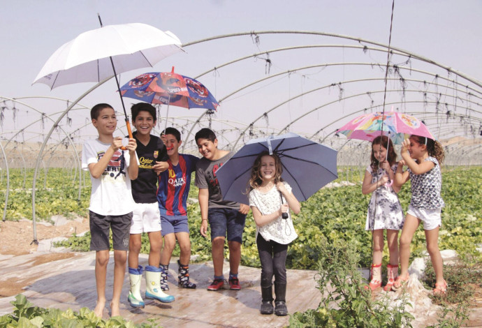 ילדים עם מטריות בגשם (צילום:  דוברות ערבה תיכונה)