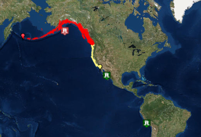 מוקד רעש האדמה ואזהרות הצונאמי בחוף המערבי של צפון אמריקה (צילום:  צילום מסך)