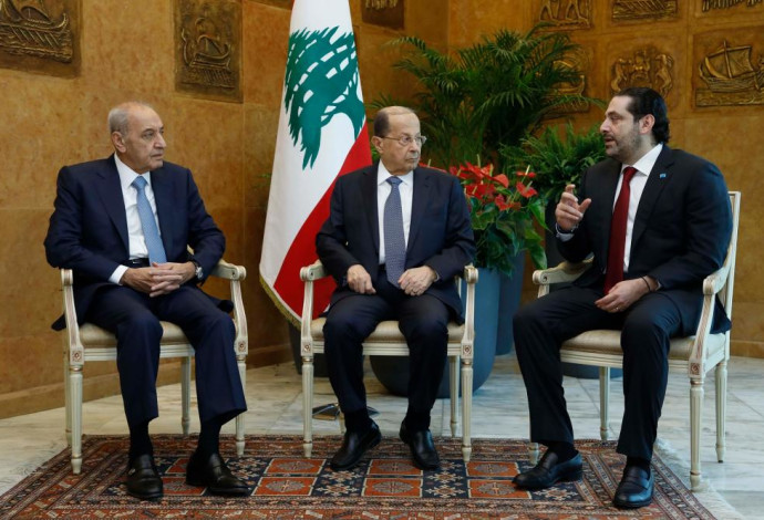 סעד אל חרירי, מישל עאון ונביע ברי (צילום:  לשכת נשיא לבנון)