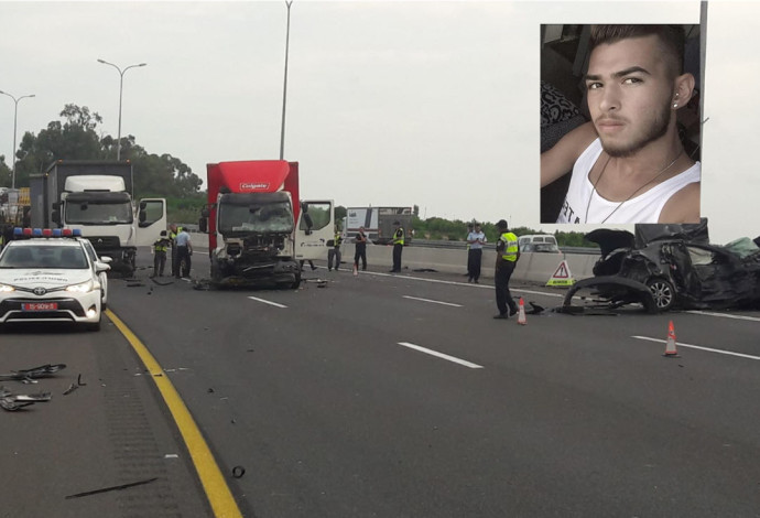 שחר רובילר וזירת התאונה בה נהרג בכביש החוף (צילום:  דוברות מד"א,פייסבוק)