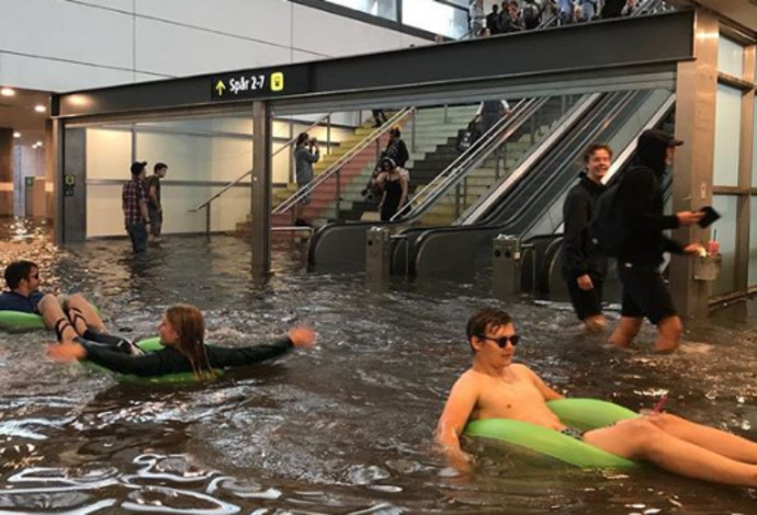 תחנת רכבת בשוודיה הוצפה והפכה לבריכה (צילום:  אינסטגרם)
