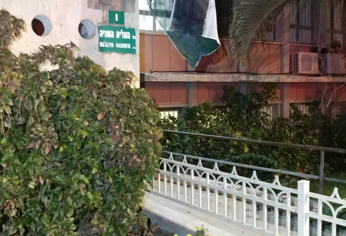 דגל פלסטין על קיר עיריית פתח תקווה (צילום:  ד.ב.)