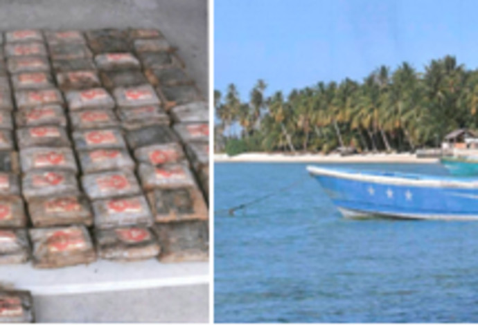 הסירה ומשלוח הסמים שנמצאו בחופי איי מרשל (צילום:  Marshall Islands Police Department)
