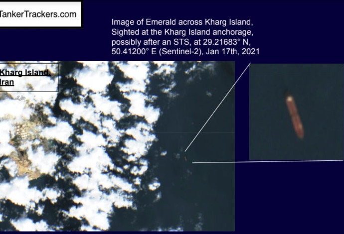 תצלום הלווין המחשיד ה"אמרלד" מול חופי איראן במפרץ הפרסי (צילום:  תמונות חברת "TankerTrackers")