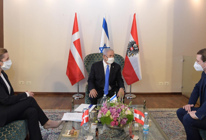 ראש הממשלה בנימין נתניהו, קנצלר אוסטריה סבסטיאן קורץ וראש ממשלת דנמרק מדה פרדריקסן  (צילום:  עמוס בן גרשום, לע"מ)