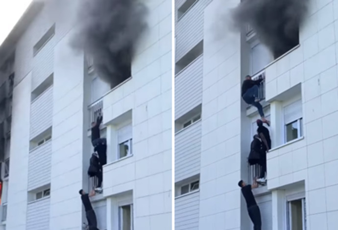 החילוץ מהבניין הבוער (צילום:  צילום מסך מתוך הפייסבוק)