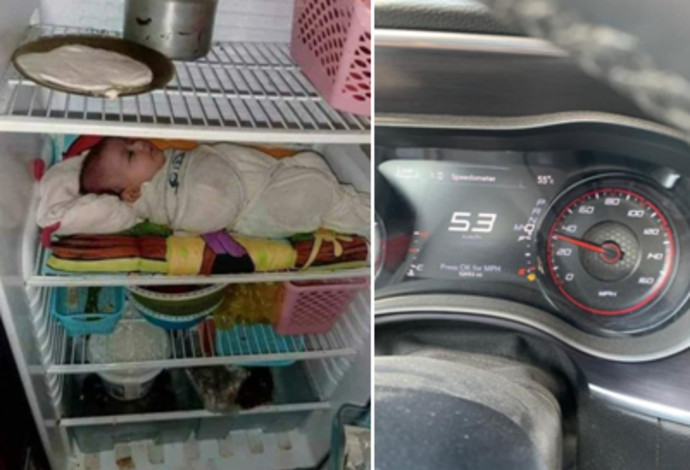 תינוק על מדפי המקרר בגלל עומס החום הקיצוני (צילום:  רשתות ערביות)