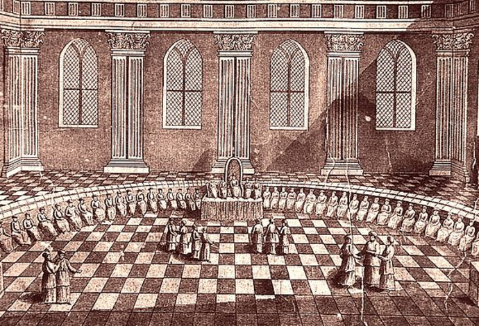 חכמי הסנהדרין יישובים בלשכת הגזית, מתוך מודל בית המקדש הראשון מהמאה ה-17 (צילום:  ויקיפדיה)