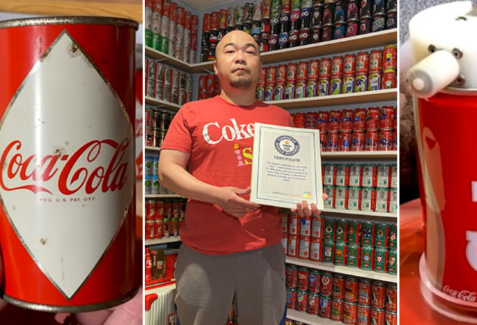 האספן השיג 11,308 פחיות קוקה קולה (צילום:  Guinness World Records)