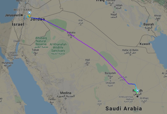 מסלול הטיסה של המטוס מירדן לערב הסעודית (צילום:  צילום מסך מתוך אתר www.flightradar24.com)