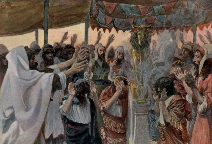 בני ישראל סוגדים לעגל הזהב. ציור: ג'יימס טיסו (צילום:  ויקיפדיה)