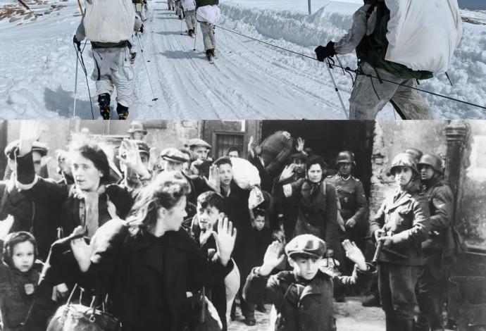 חיילי צה"ל בשלג, יהודים מרימים ידיים בהוראת הנאצים (צילום:  ויקיפדיה,פרטי)