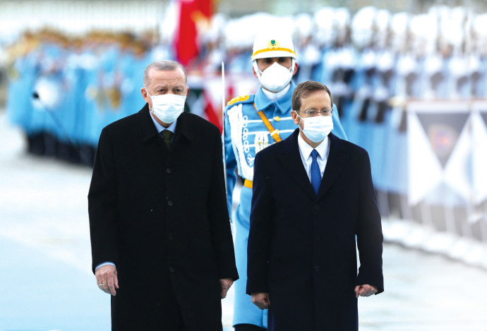 נשיא המדינה יצחק הרצוג בביקורו בארמון הנשיאות לצד נשיא טורקיה רג'יפ ארדואן (צילום:  רויטרס)