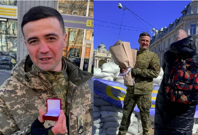 חייל אוקראיני הציע נישואין לבת הזוג בצל הלחימה (צילום:  צילום מסך טיקטוק)