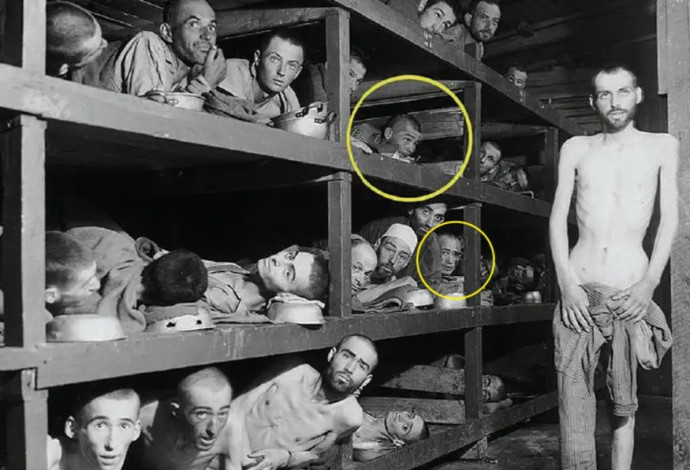 אלי ויזל (בעיגול הקטן) ונפתלי פירסט (בעיגול הגדול) במחנה בוכוואלד לאחר השחרור (צילום:  באדיבות נפתלי פירסט)