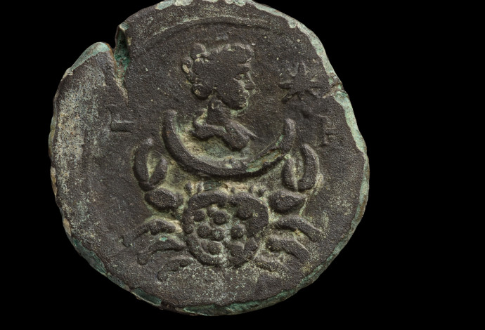 המטבע הנושא את דמותה של לונה, אלת הירח. מתחתיה מופיע סימן מזל סרטן. (צילום:  דפנה גזית, רשות העתיקות)