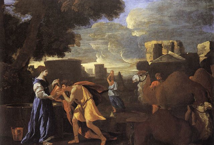 רבקה מרווה את צמאונו של עבד אברהם. ציור: ניקולא פוסן, 1626 (צילום:  נחלת הכלל)