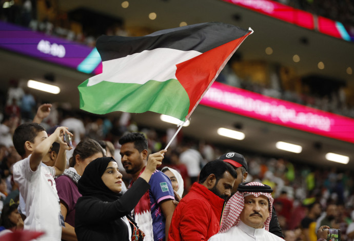 דגל פלסטין במשחקה של נבחרת קטאר במונדיאל 2022 (צילום:  רויטרס)