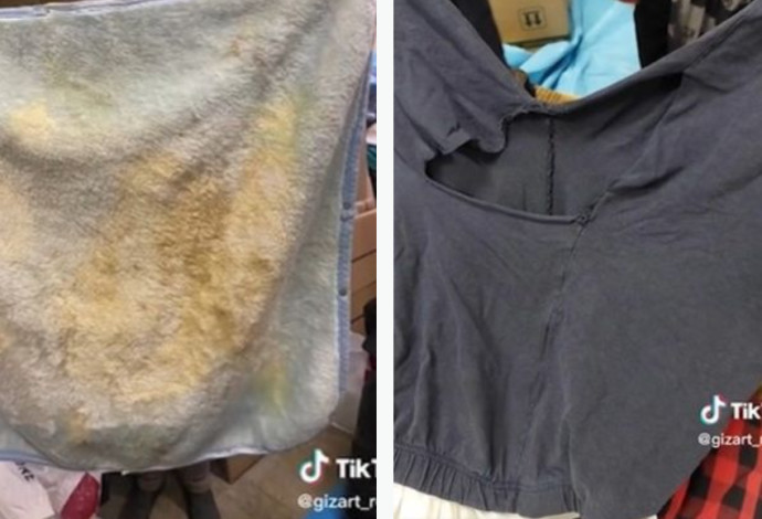 בגדים בלויים, הלבשה תחתונה מלוכלכת, התרומות שהועברו לקורבנות רעידת האדמה (צילום:  מתוך טיקטוק)