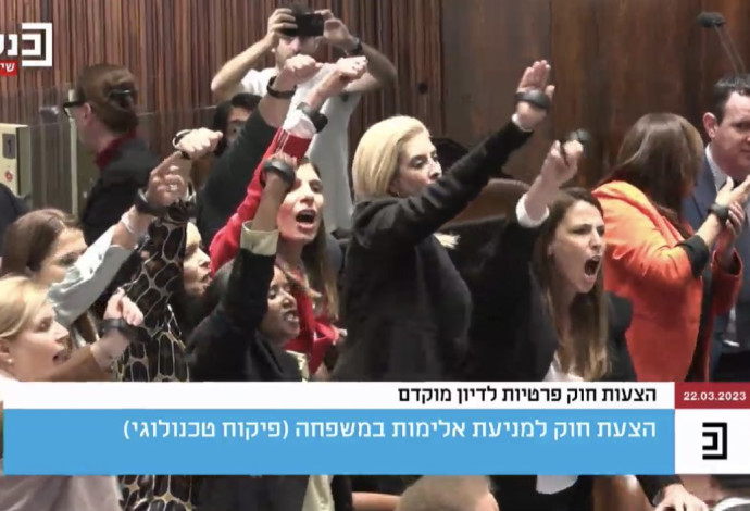 העימות במליאת הכנסת לאחר דחיית חוק האזיק האלקטרוני (צילום:  צילום מסך)