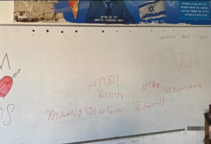 כיתוב בערבית על לוח בית ספר יסודי בנתניה (צילום:  רשתות חברתיות, שימוש לפי סעיף 27 א')