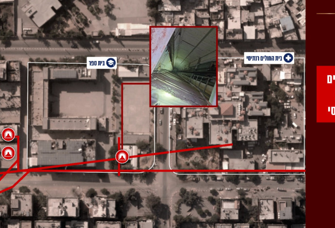 תצלום אוויר של מרחב בית החולים ''רנתיסי'' ומיקום הפירים בסמוך אליו (צילום: דובר צה''ל)