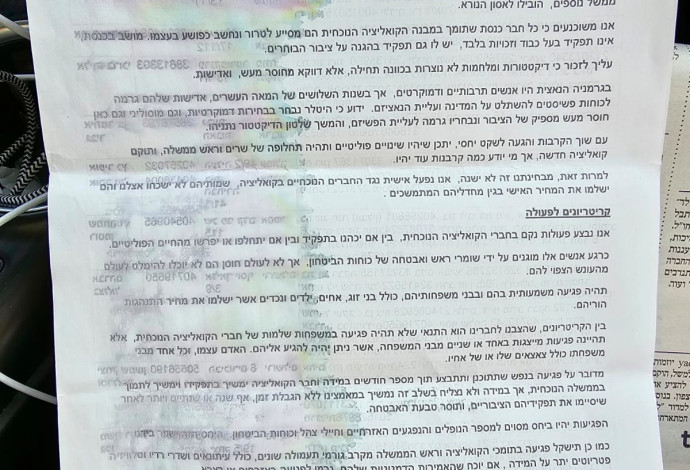 מכתב איומים נגד חברי הכנסת מהליכוד (צילום:  פרטי)