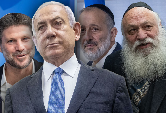 יצחק גולדקנופף, אריה דרעי, בנימין נתניהו, בצלאל סמוטריץ' (צילום:  דוברות הכנסת, נועם מושקוביץ,יונתן זינדל, פלאש 90,אמיל סלמן/הארץ)