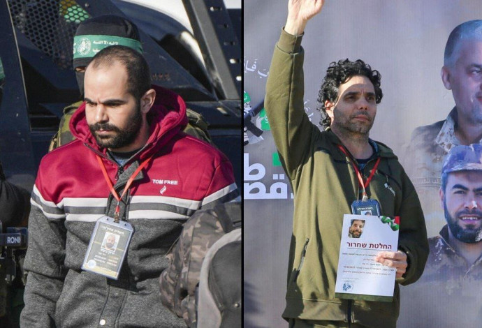 עופר קלדרון וירדן ביבס" ברגע שחרורם ומסירתם לצלב האדום (צילום:  מעריב אונליין)